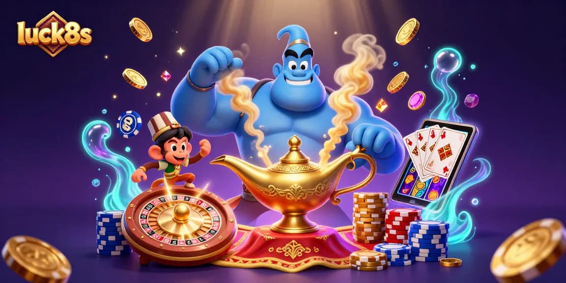 Experience exciting gameplay at luck8s with a vibrant casino scene featuring a genie and poker chips.