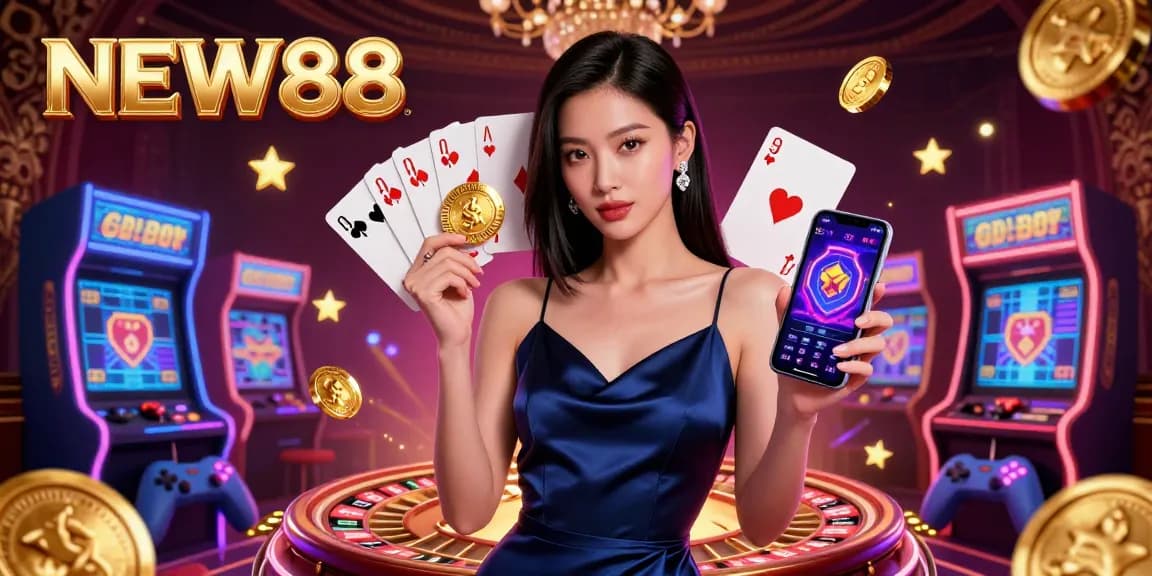 Experience the excitement of NEW88 with a glamorous Asian woman showcasing a casino app, surrounded by vibrant gaming elements.