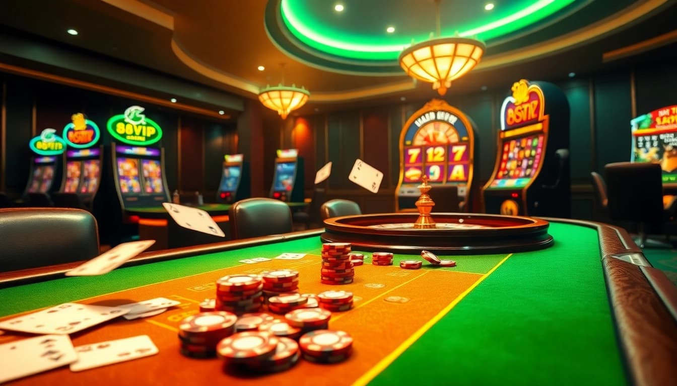 Experience the excitement of 68VIP with vibrant casino tables and spinning roulette wheels.