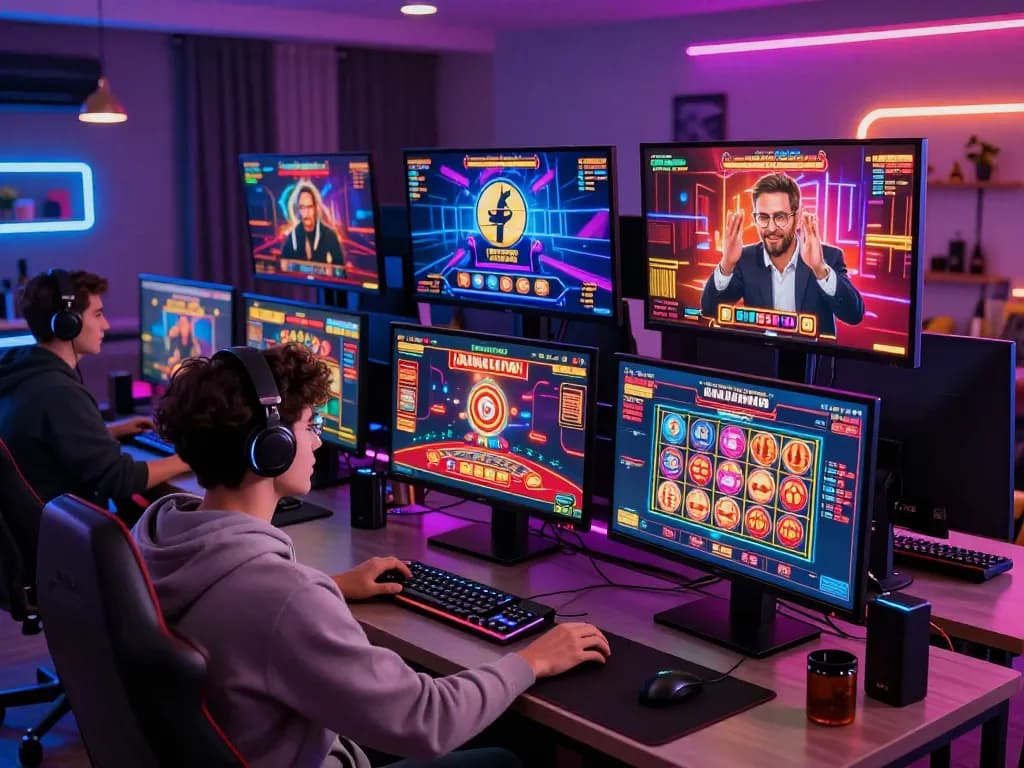 Engaged gamer enjoying online betting experience at 88aa with multiple screens showcasing live games and vibrant graphics.