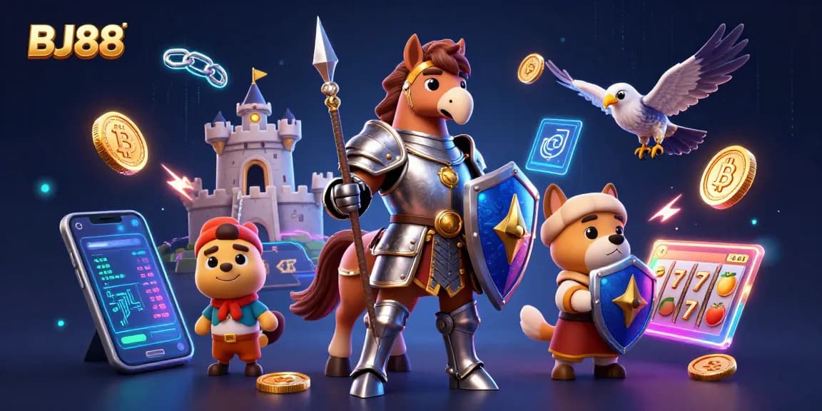 BJ88 slots scene with medieval knight, squire puppy, and falcon in a vibrant gambling illustration