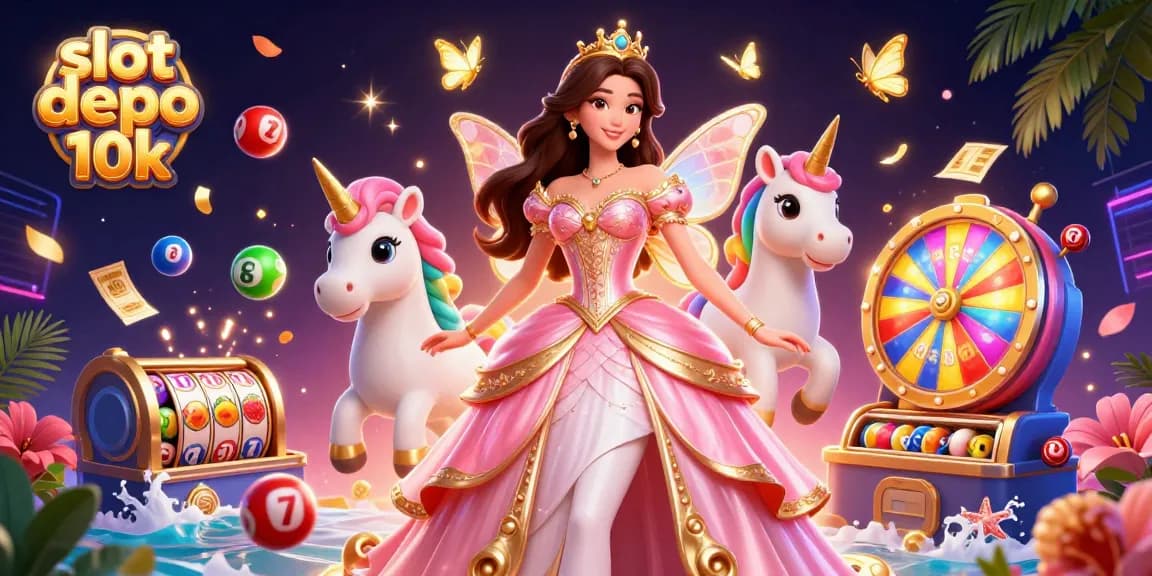 Win big with slot depo 10k in this vibrant casino scene full of magical elements.