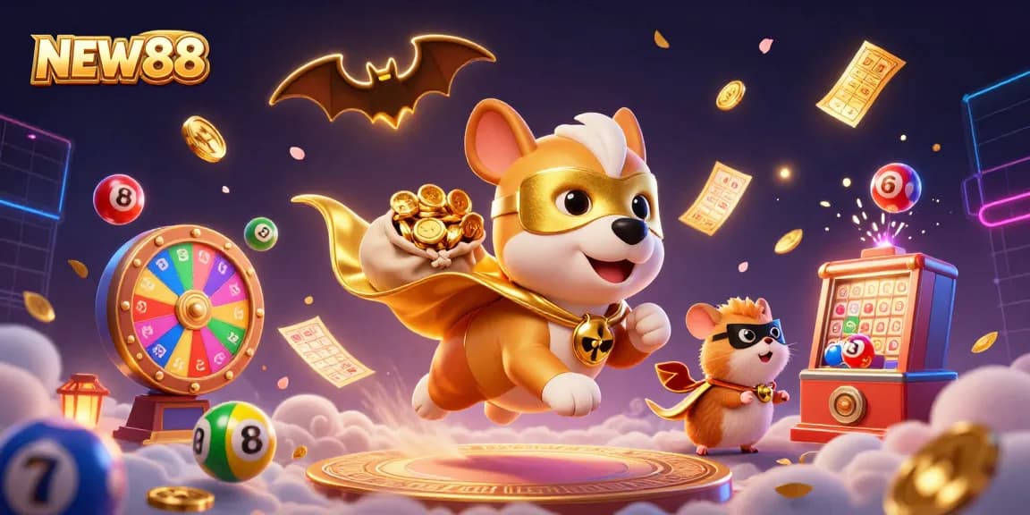 Experience the excitement of NEW88 with 3D superhero dog and hamster amidst flying lottery elements and vibrant visuals.