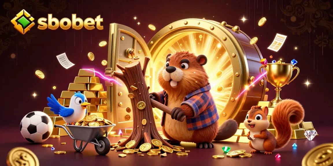 Bet on sbobet with a cartoon scene of a beaver collecting golden coins and sports elements.