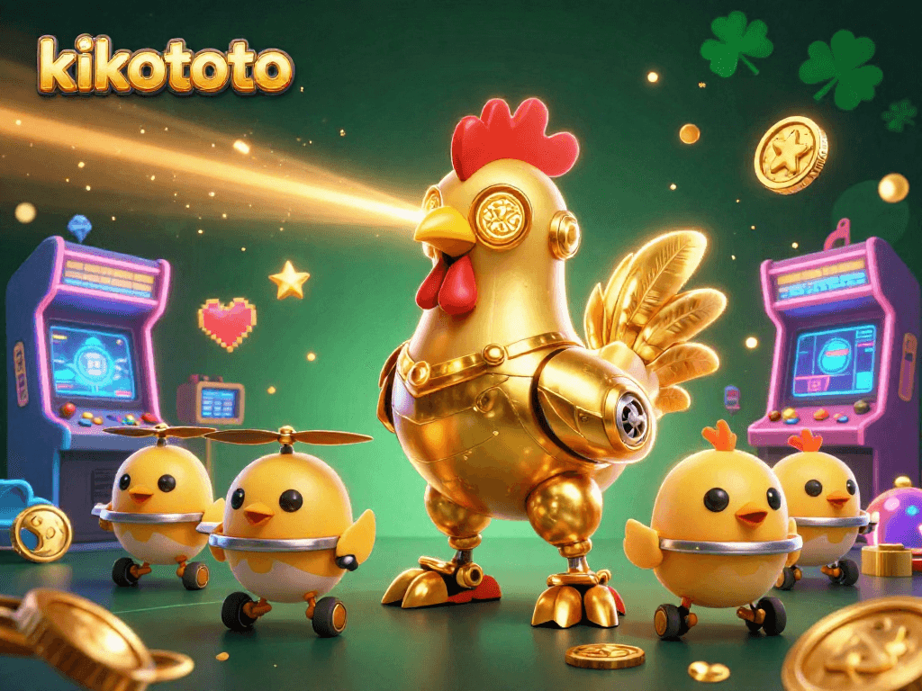 Kikototo menghadirkan ilustrasi jackpot slot dengan ayam robot emas dan drone anak, bersinar di antara mesin arcade.