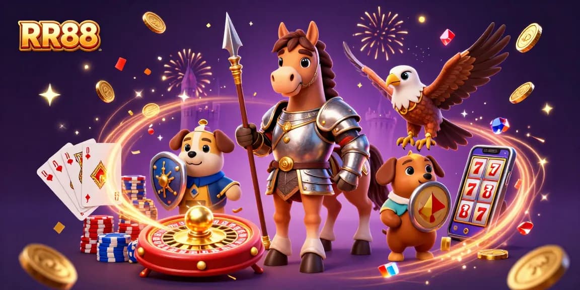 Play at RR88 with immersive casino experiences featuring knight, puppy, and falcon.