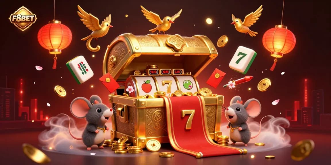Experience casino thrills with F8BET's 3D treasure chest, alluring players amidst vibrant gaming symbols.