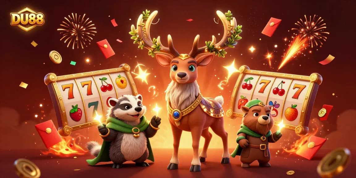 Experience thrilling slots with DU88 in this vibrant casino scene featuring mystical characters.