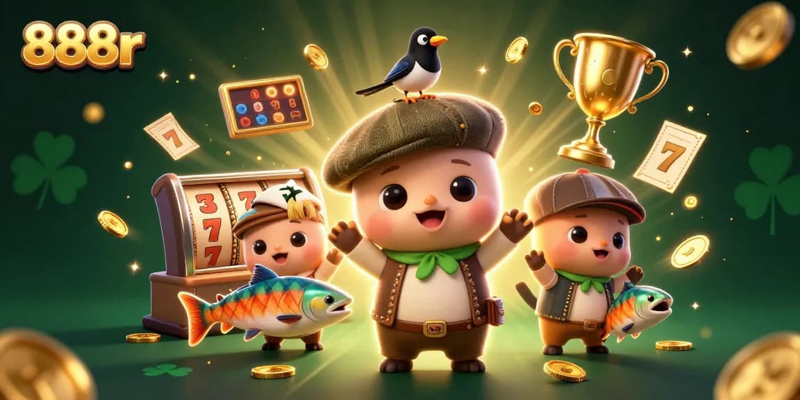 Immerse in thrilling play at 888r with cute Nessie and magpie celebrating jackpots.