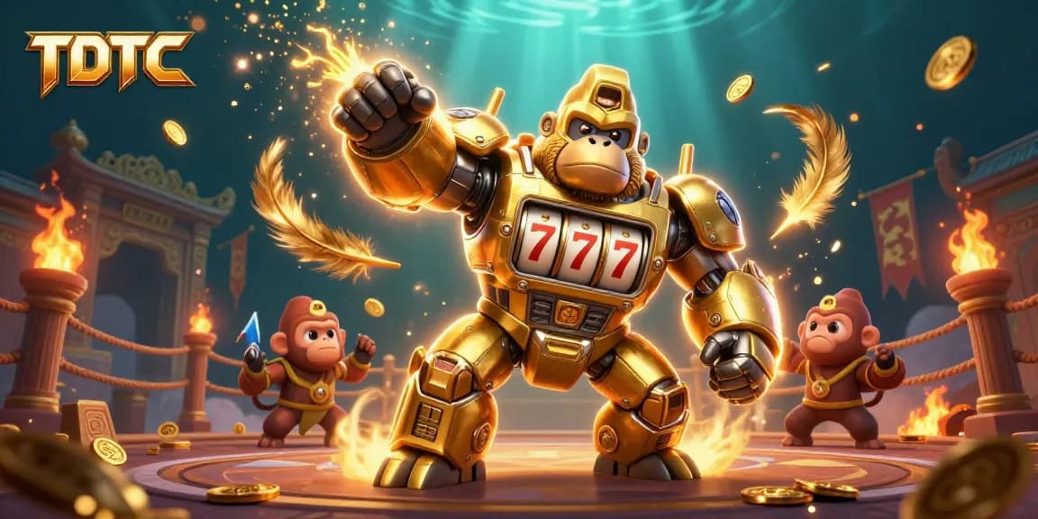 Engage with TDTC’s thrilling gaming action featuring a golden gorilla mech and explosive casino elements.