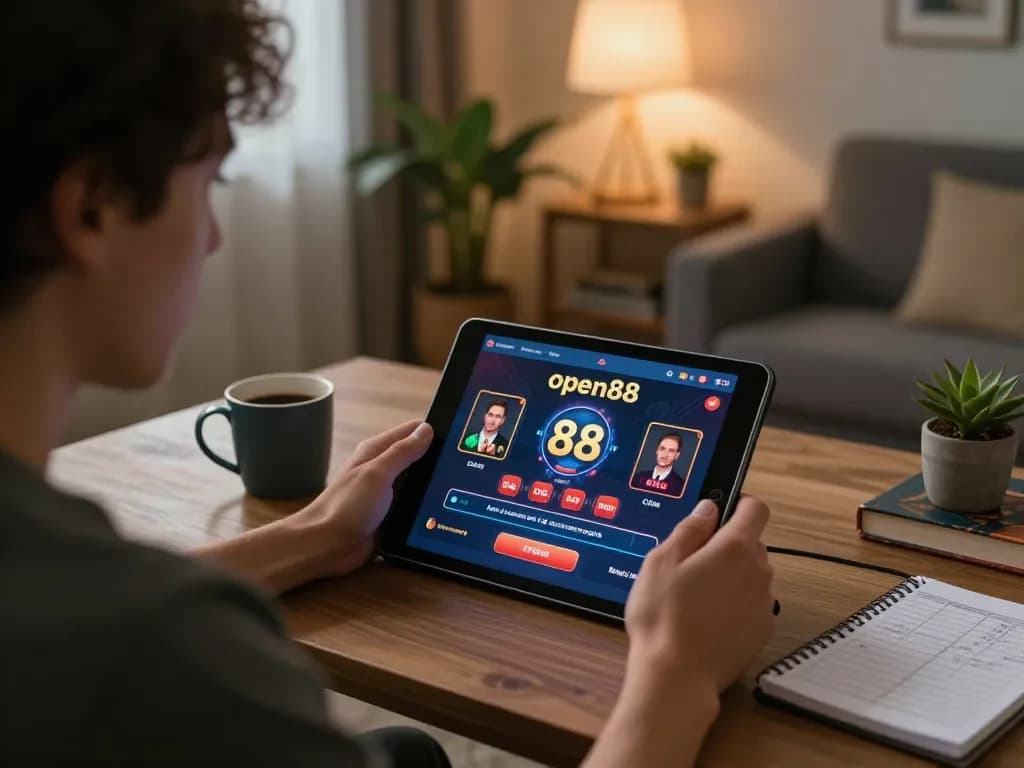 Engaging player using open88 online casino app on tablet, showcasing modern gaming experience at home.