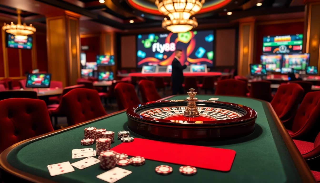 Action-packed scene showcasing FLY88 gaming excitement with roulette wheel, poker chips, and vibrant casino lights.