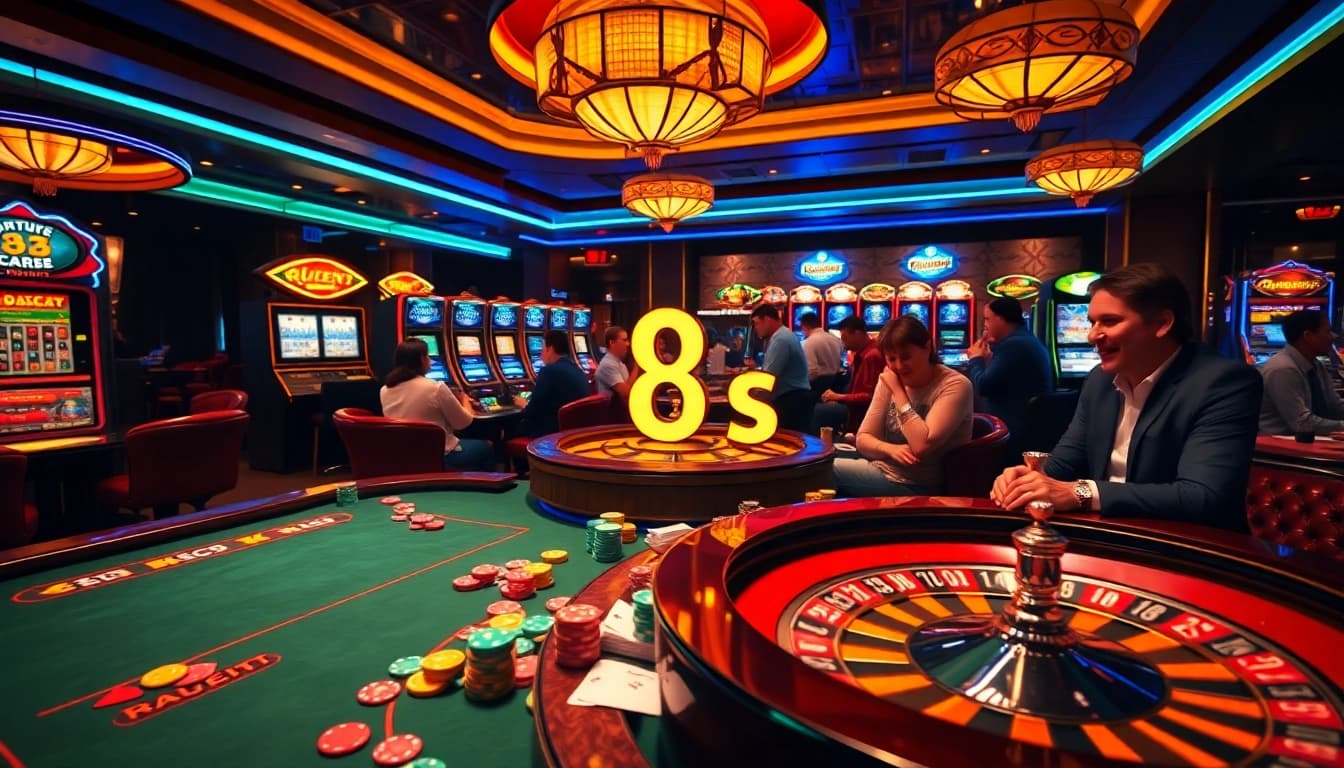 Experience thrilling gambling action at 8s casino, featuring exciting slot machines and vibrant poker tables.