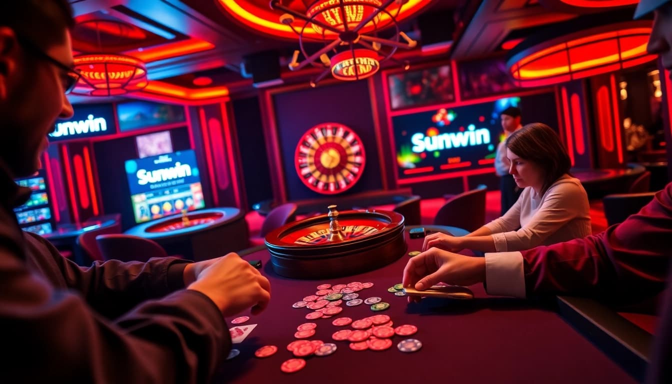 Players engaged in an exciting poker game at a luxury casino, highlighting sunwin gaming vibes.