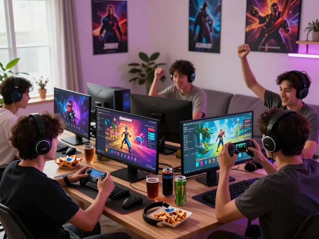 Exciting gaming moment as players access link vào sunwin on multiple devices, celebrating wins in a cozy setting.