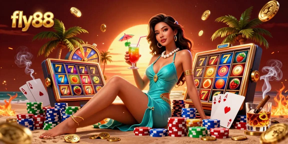 Join the excitement at fly88 with stunning visuals of a glamorous tropical casino scene.