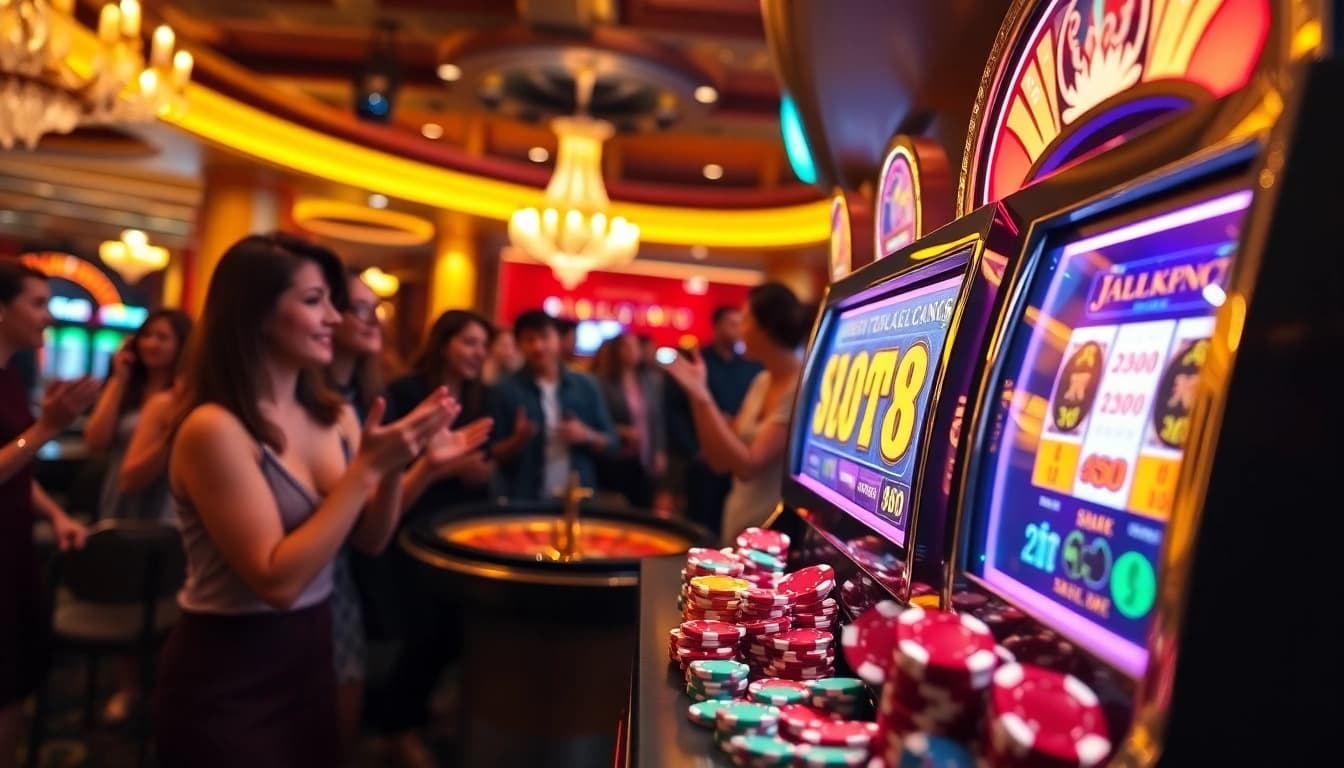 Players enjoy the excitement at a slot88 machine in a vibrant casino setting.