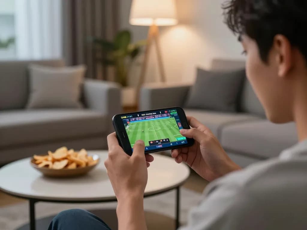 Excited player engaging in online betting on tr88 trang chủ during a live sports event at home