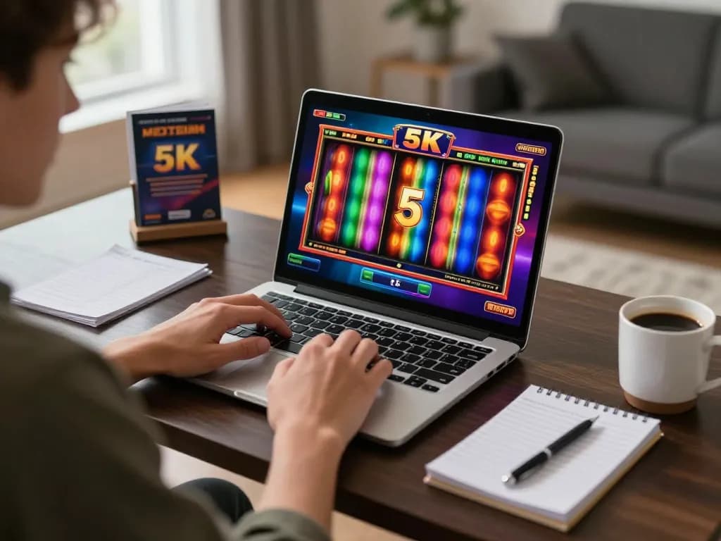 Engaged player enjoying slot 5k game on laptop at home, showcasing online casino excitement