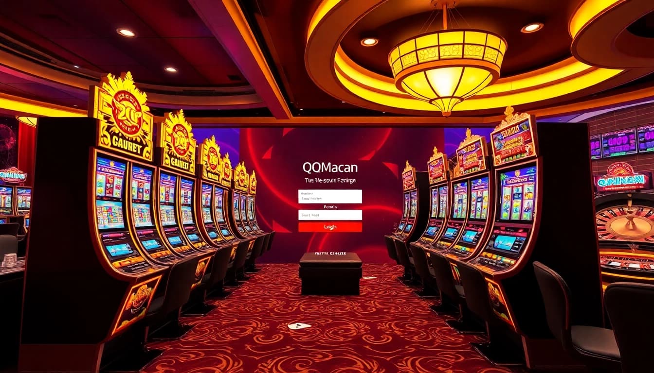 Players experiencing the excitement of QQMacan login at a vibrant casino with thrilling slot machines.