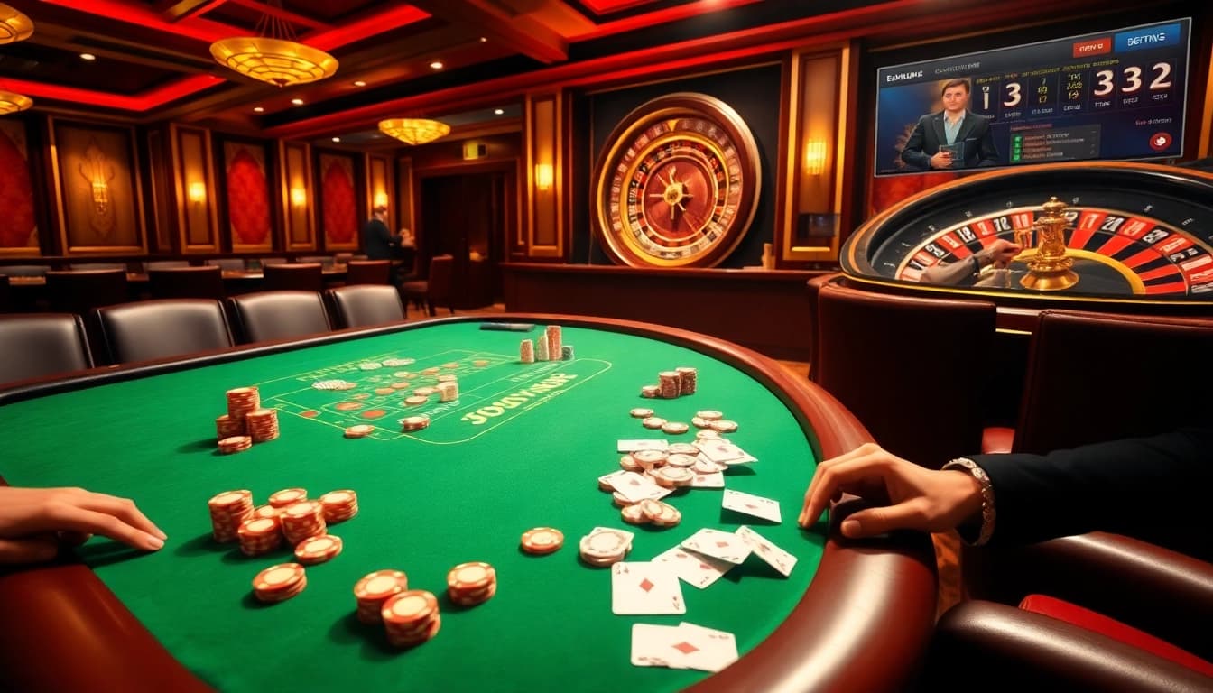 Exciting casino scene with poker chips and a roulette wheel at http://abc1256.com/ showcasing luxury gambling.