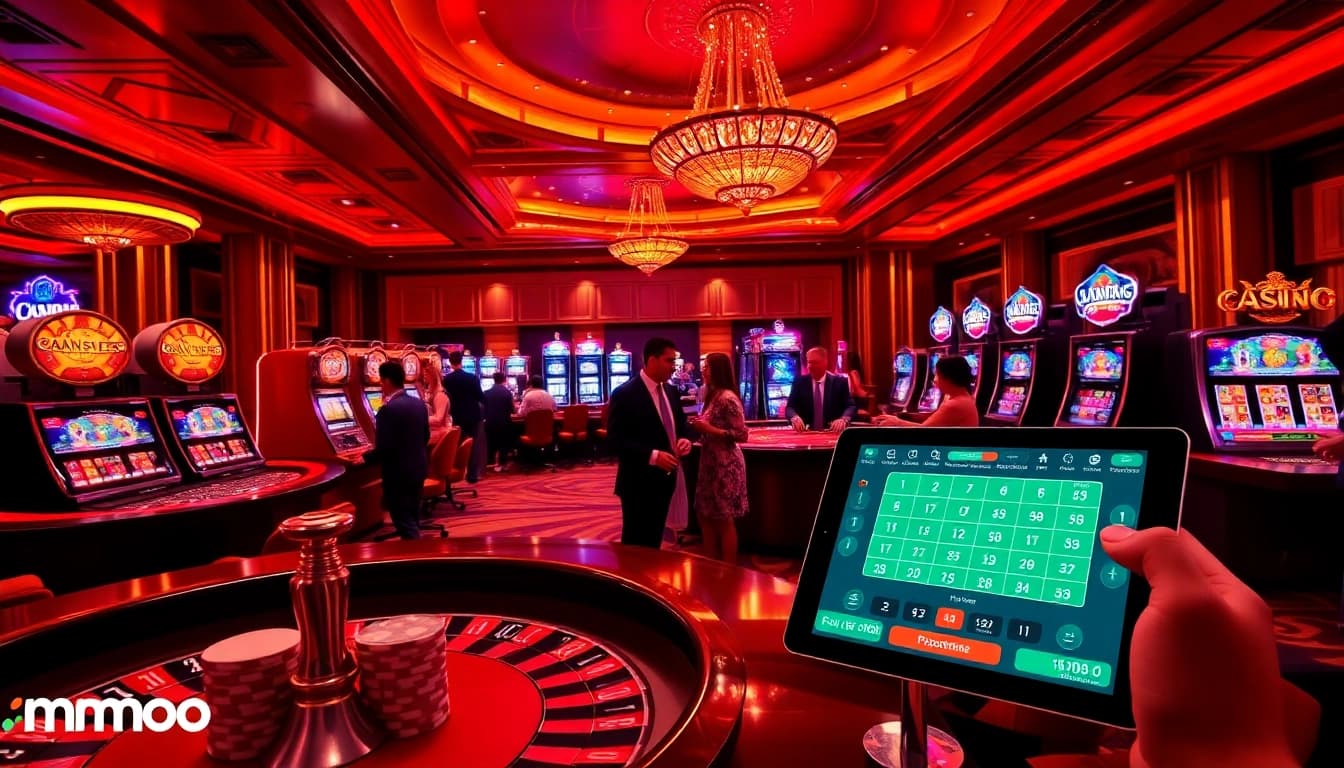 Mmoo players enjoying roulette and slots in a vibrant, luxurious casino atmosphere.