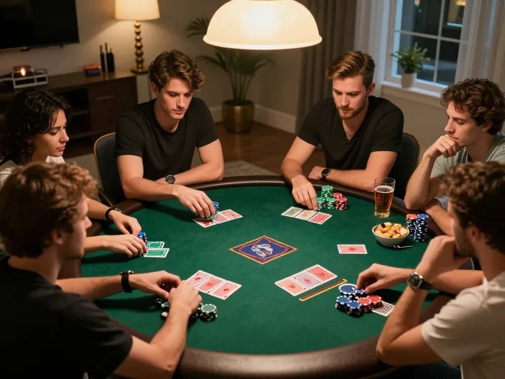 Engaged players enjoying Texas Hold'em poker at home, showcasing strategic gameplay around the table on nagapoker.