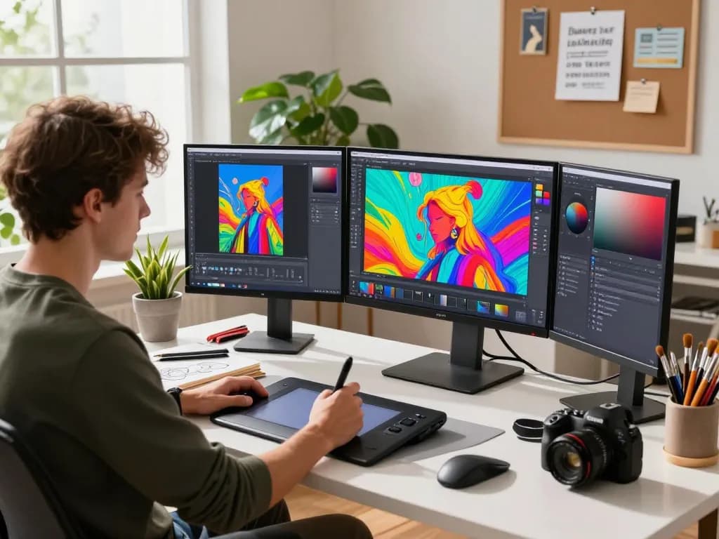 Digital artist using nano banana AI image editor in a vibrant home office.