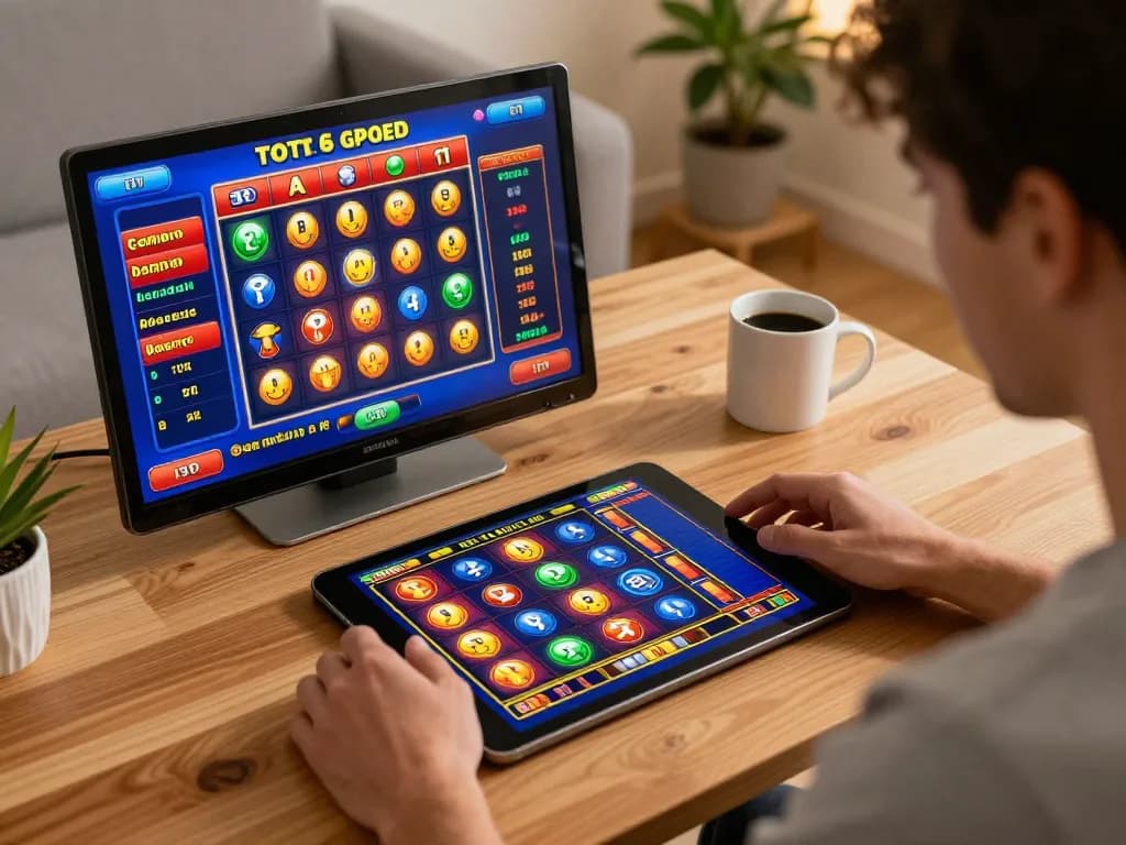 The player wins at their favorite toto slot game on a tablet with vibrant graphics in a cozy setup.