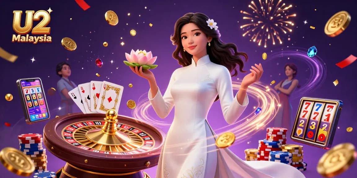 Experience thrilling gameplay with U2 Malaysia's slot machines, vibrant coins, and mesmerizing roulette wheel.