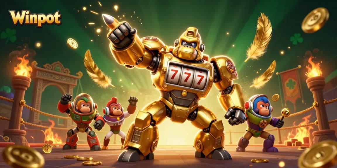 Winpot gorilla mech celebrates with coins, showcasing a dynamic gaming atmosphere.