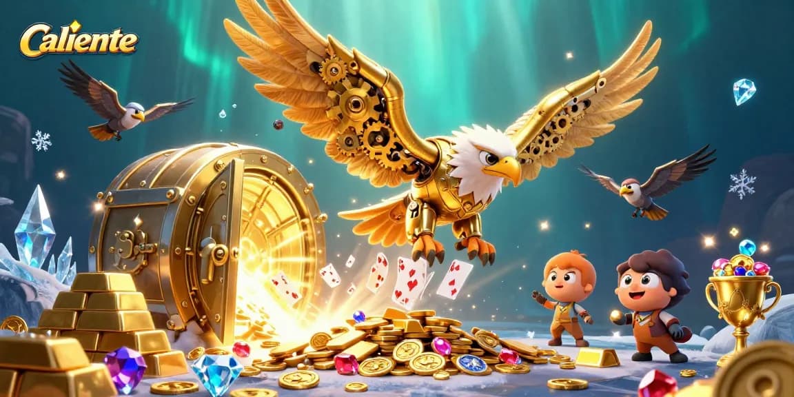 Experience Caliente's vibrant casino action with a golden eagle soaring through holographic cards in this dynamic illustration.
