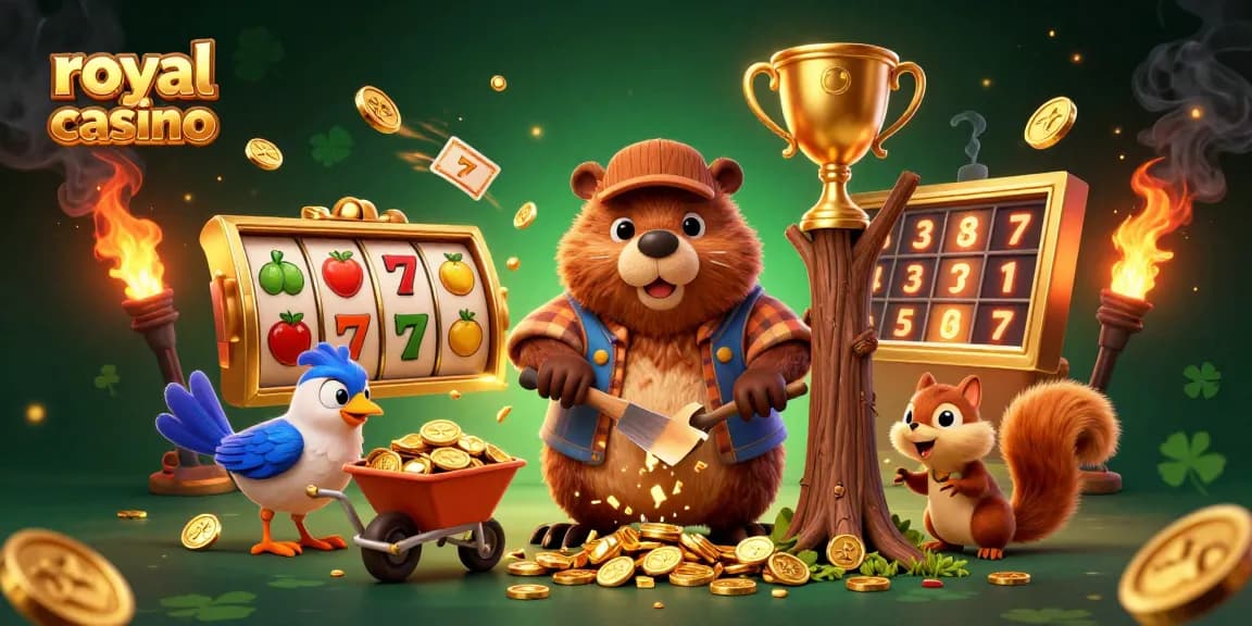Experience the thrill of the royal casino clash with golden coins raining from a beaver's tree chop.