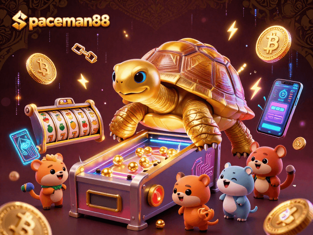 Engage with spaceman88 in an electric casino scene filled with crypto gambling elements and exciting gameplay.