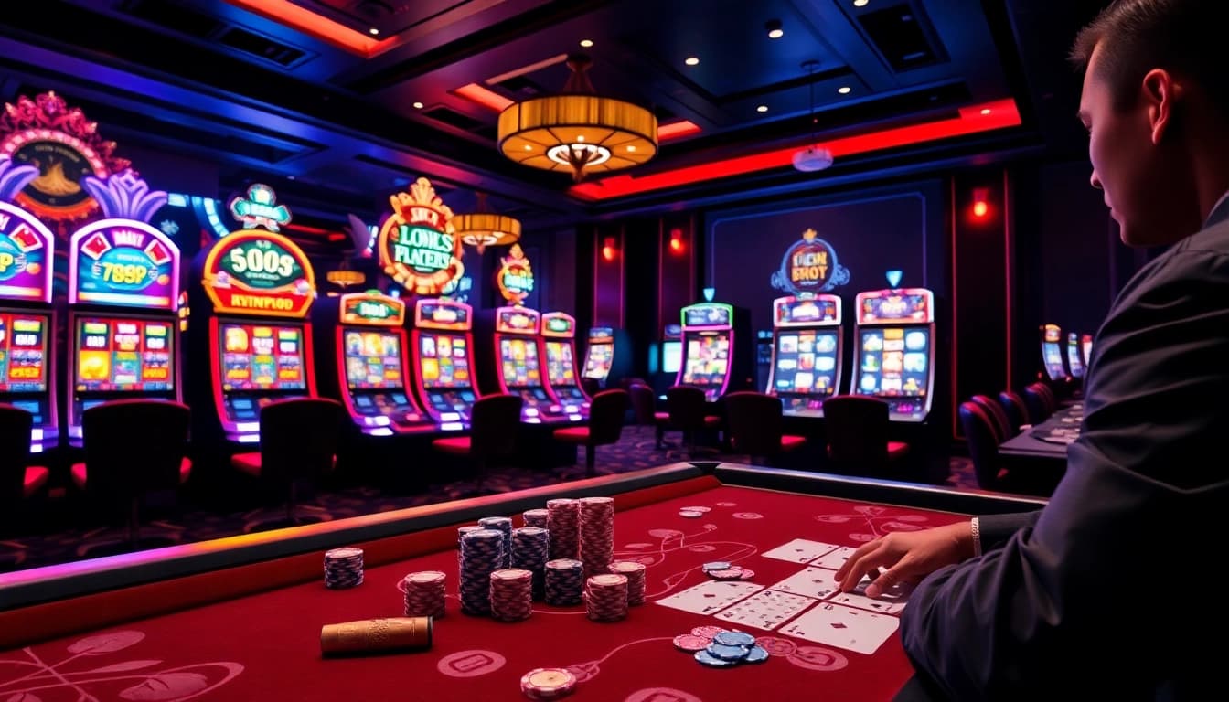 IDN slot gaming area featuring vibrant slot machines, poker chips, and excited players celebrating wins.