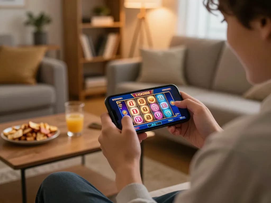 LIGA2000 player engaging with an exciting mobile slot game on a smartphone in a cozy living room.