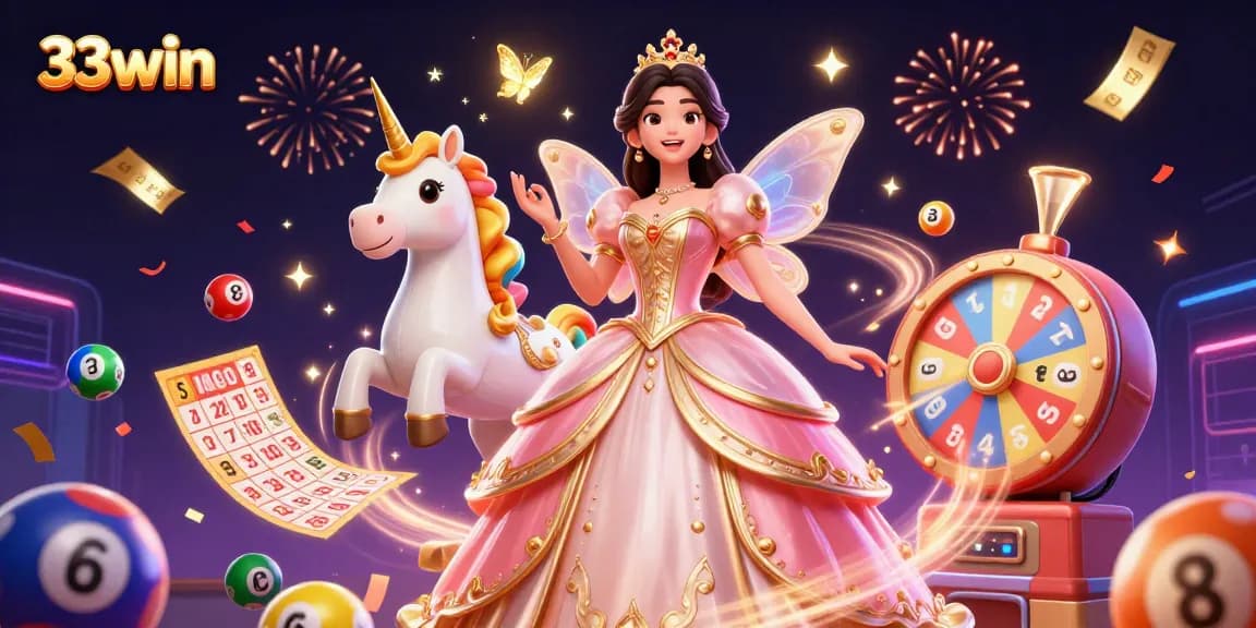 Engage in winning at 33win with a vibrant casino illustration featuring festive lottery elements.