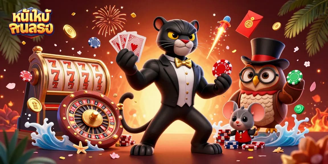 Engage with exciting หนังใหม่ชนโรง as a stylish black panther deals cards surrounded by poker elements and festive decor.