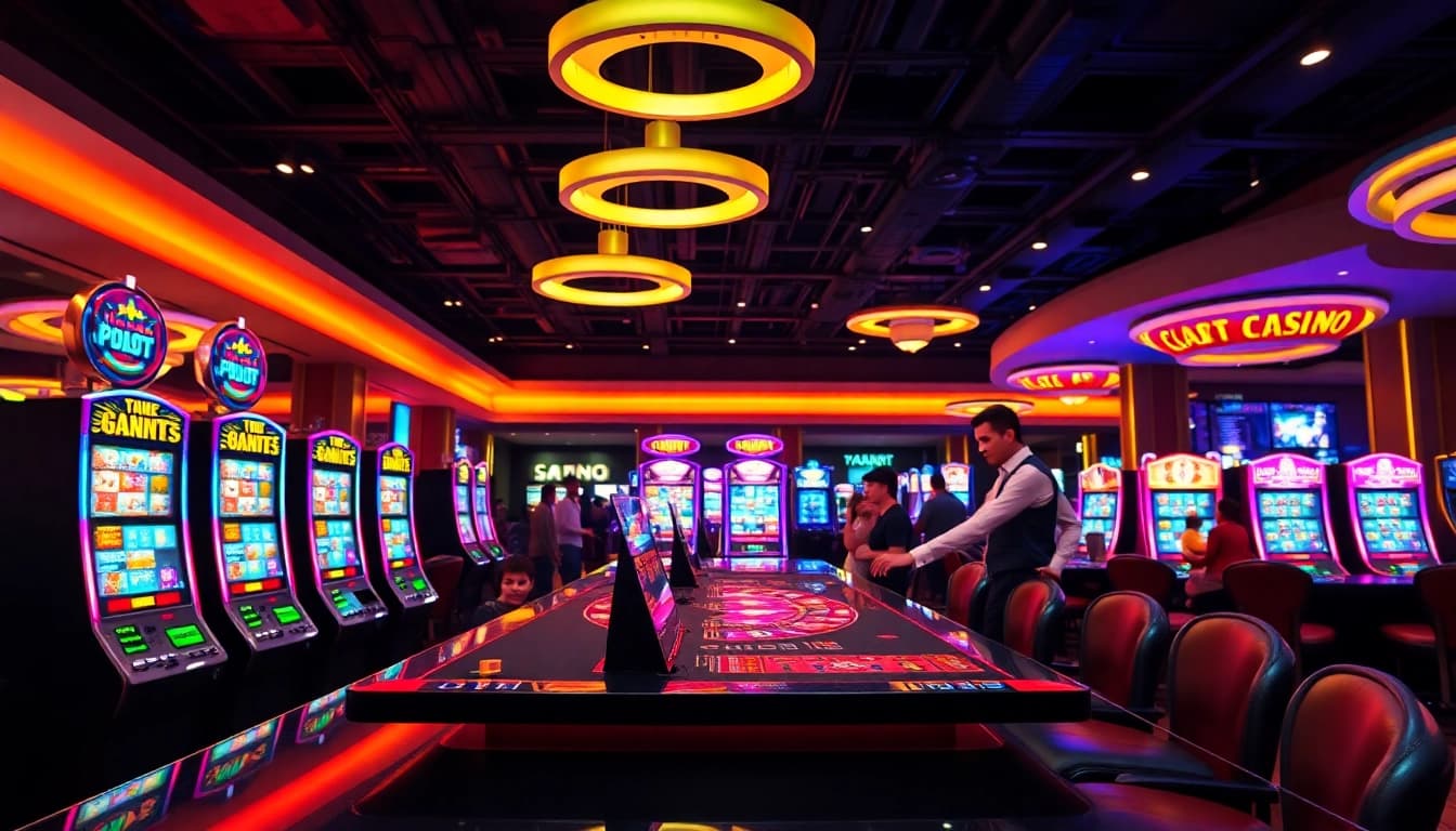 Slot deposit 5000 dengan mesin slot berkilauan di casino yang ramai.