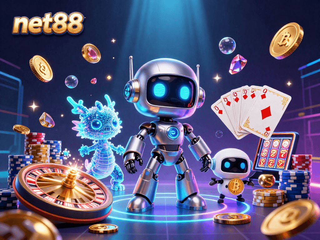 Experience excitement at net88 with a vibrant 3D illustration showcasing thrilling casino elements.
