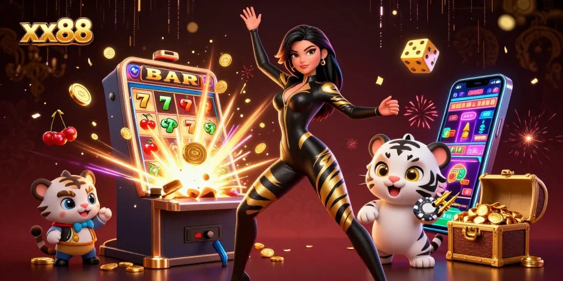 Experience thrilling jackpots with xx88's vibrant casino scene, showcasing dynamic characters and games.