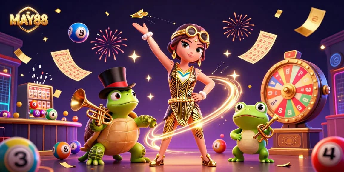MAY88 showcases vibrant gaming action with animated lottery elements in an exciting casino scene.
