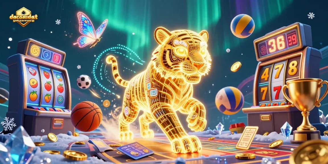 Experience dacsandatphanrang with a vibrant casino scene featuring a golden tiger among slot reels and sports elements.