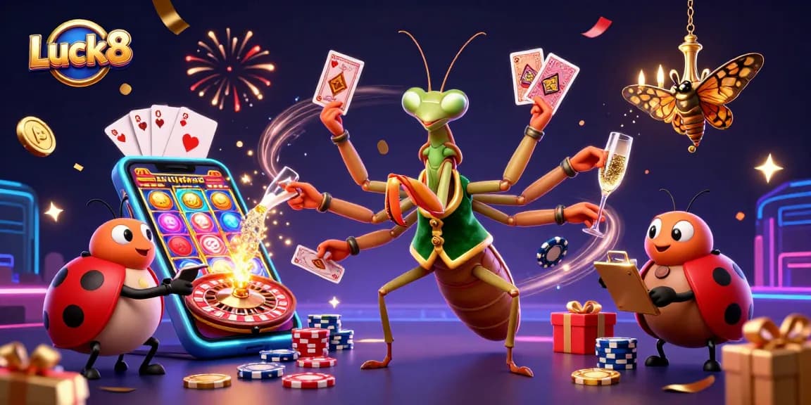 Win big with Luck8 in this vibrant 3D casino scene featuring a giant mantis dealer and more!