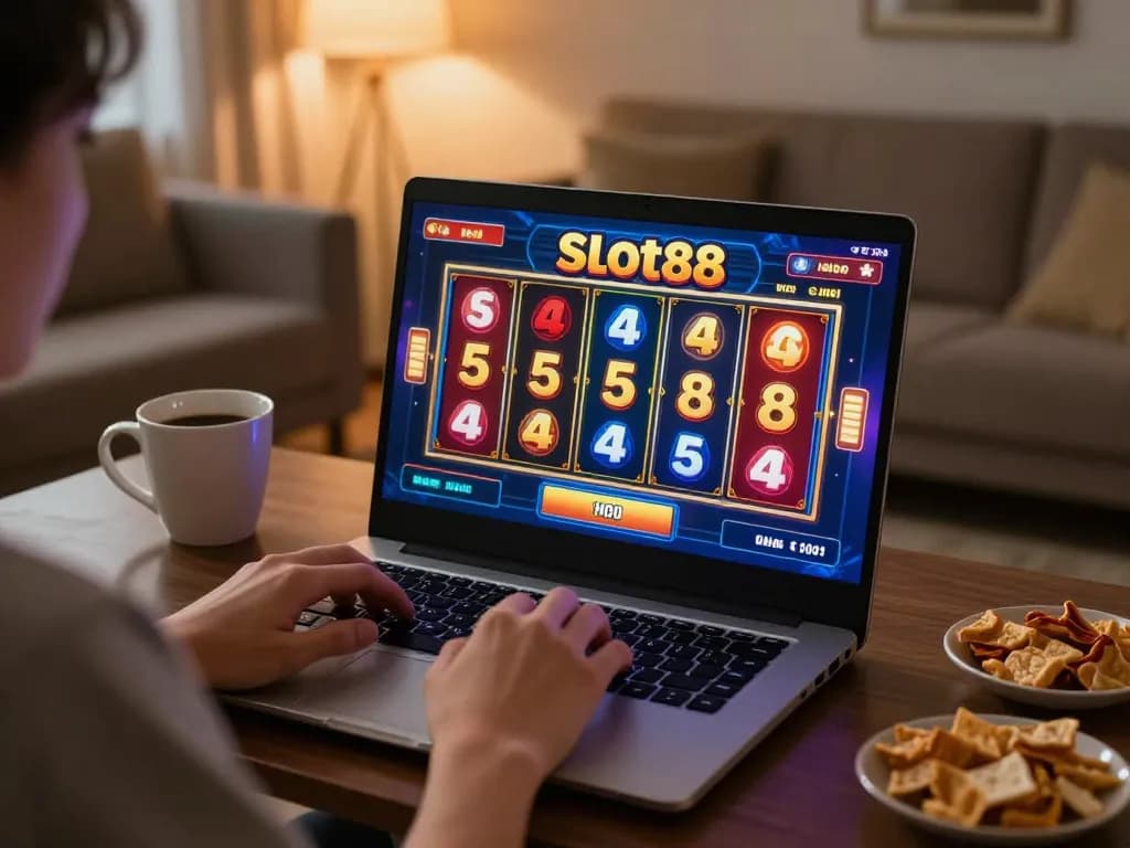 Experience the excitement of Slot88 with engaging online gameplay in a cozy home setting.