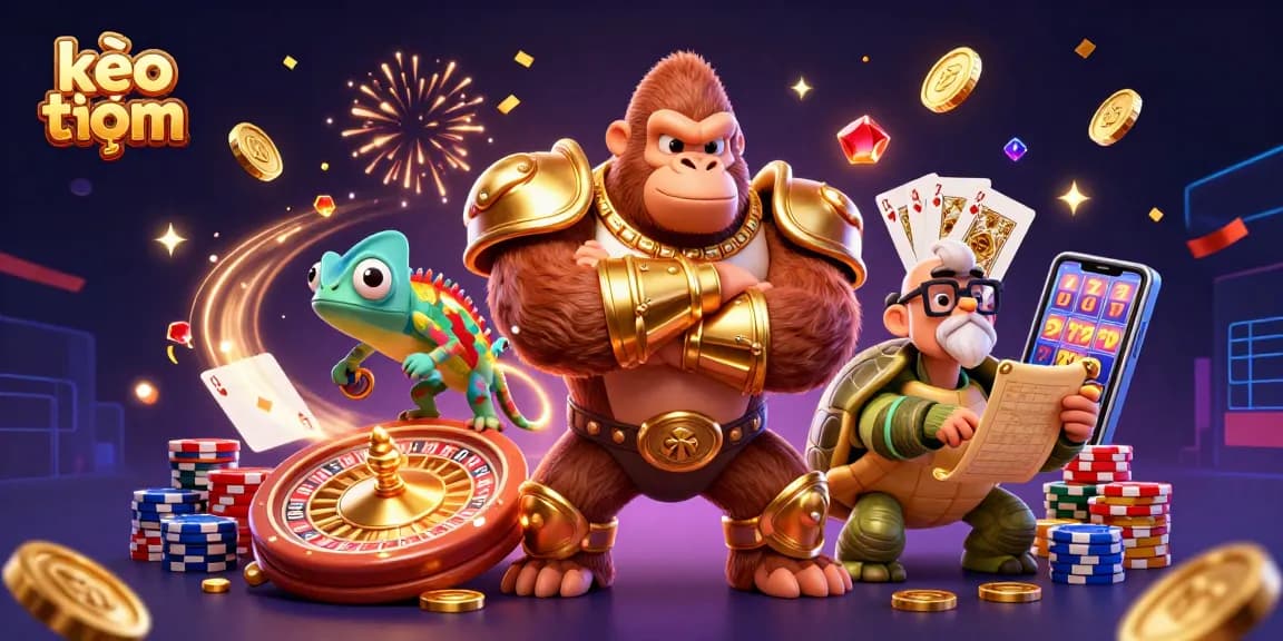 Kèo thơm with a gorilla king and a tortoise elder celebrating wins at a casino, showcasing vibrant gaming elements.
