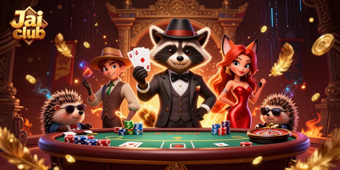 Engage in exciting poker games with Jai club featuring a suave raccoon, glamorous fox, and hedgehog bouncer.
