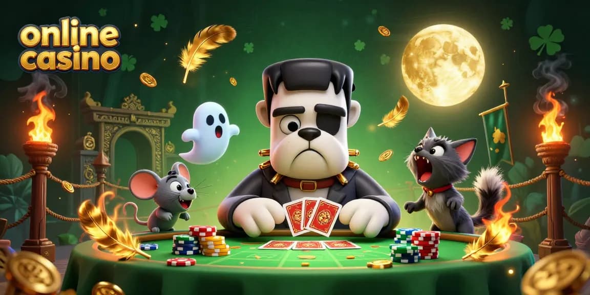 Engage in thrilling action at the online casino with a spooky scene featuring a Frankenstein bulldog and ghostly characters.