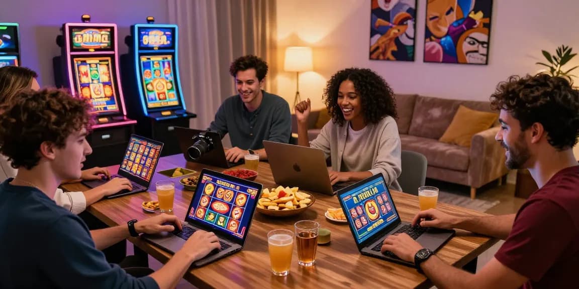 Engaged players enjoying bonus buy slots excitement on various devices in a cozy modern living room.