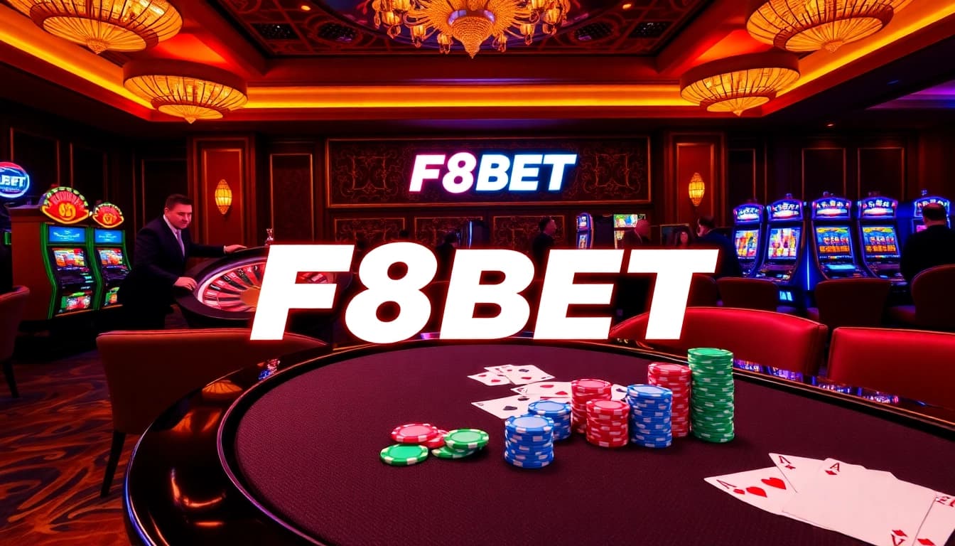 Players enjoying gambling at F8BET with vibrant roulette, slots, and poker.